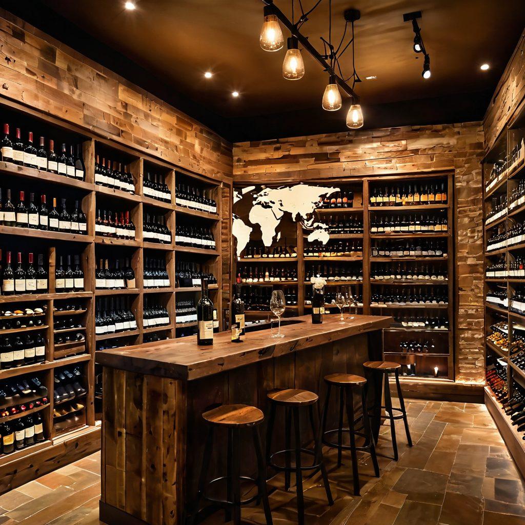 A cozy, rustic wine shop filled with wooden shelves showcasing vintage wine bottles, with warm lighting illuminating the space. In the background, a digital screen displays a global marketplace map, highlighting wine trade routes. A vintage wine collection elegantly displayed on the counter, with a sommelier analyzing a bottle. The atmosphere blends tradition with modernity, inviting viewers into the world of fine wines. charming illustration. warm colors. detailed design.