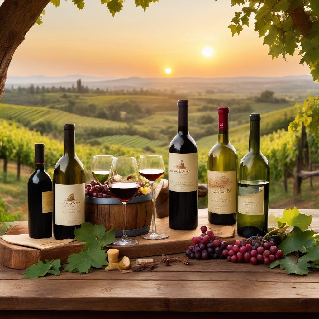 A rustic wooden table adorned with an aged wine barrel, surrounded by various vintage wine bottles from around the world. A backdrop of lush vineyards under a golden sunset, hinting at the journey of wine. Include delicate wine glasses filled with rich red and white wines, with a hint of grapes and leaves scattered around. The atmosphere should evoke a sense of adventure and passion for wine exploration. super-realistic. vibrant colors. warm tones.