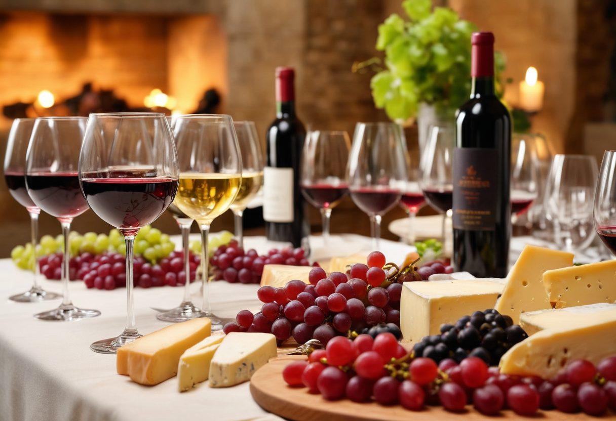 An elegant wine tasting setup featuring a beautifully arranged table with various glasses of red and white wines, surrounded by vibrant grapes and artisanal cheese. In the background, a knowledgeable sommelier is leading a workshop with captivated participants, all immersed in discussions about wine pairings. Soft ambient lighting adds a warm atmosphere, enhancing the experience. super-realistic. vibrant colors.